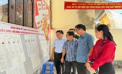 Quang cảnh: Cử tri xem tiểu xử ứng cử viên tại khu vực bỏ phiếu. 